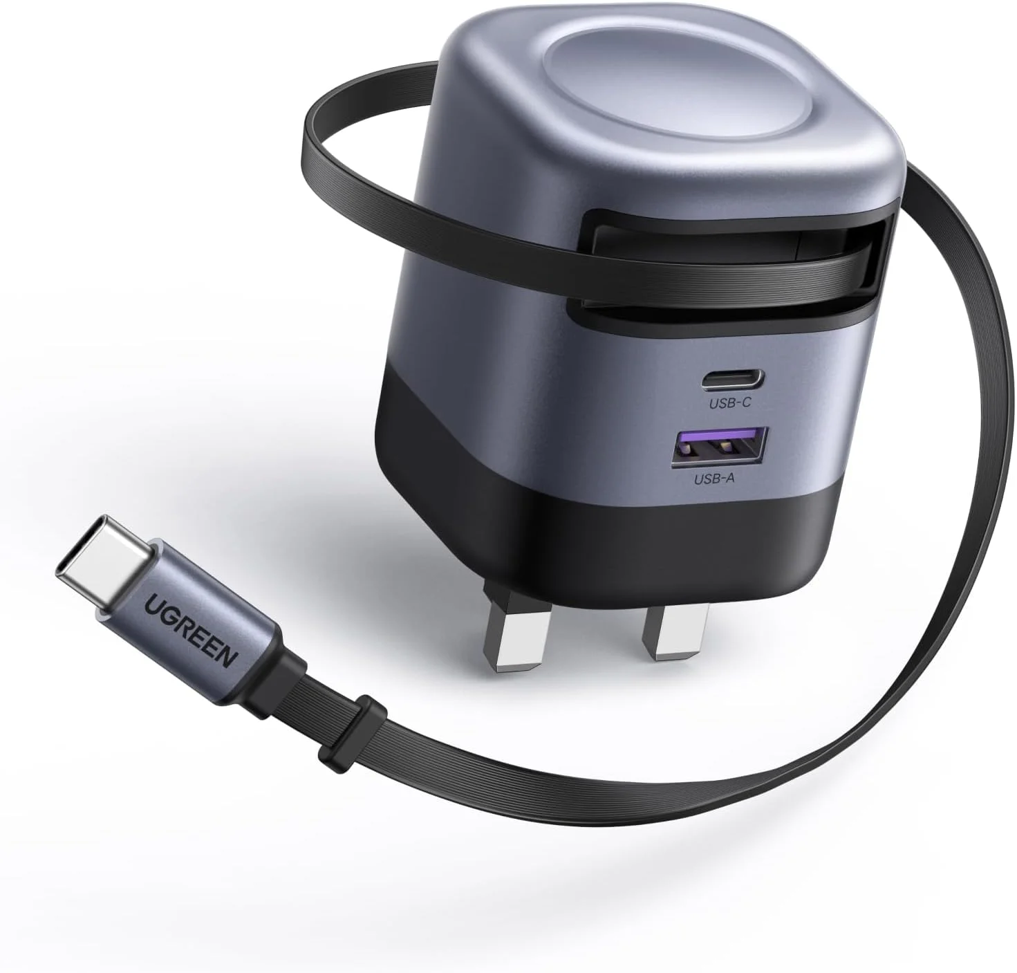 شارژر 45 واتی USB C یوگرین با 3 پورت برای آیفون 17، آداپتور تایپ C، آداپتور سریع GaN با کابل USB-C جمع شونده، سازگار با سامسونگ گلکسی S25 S24 S23، آیفون 16/15