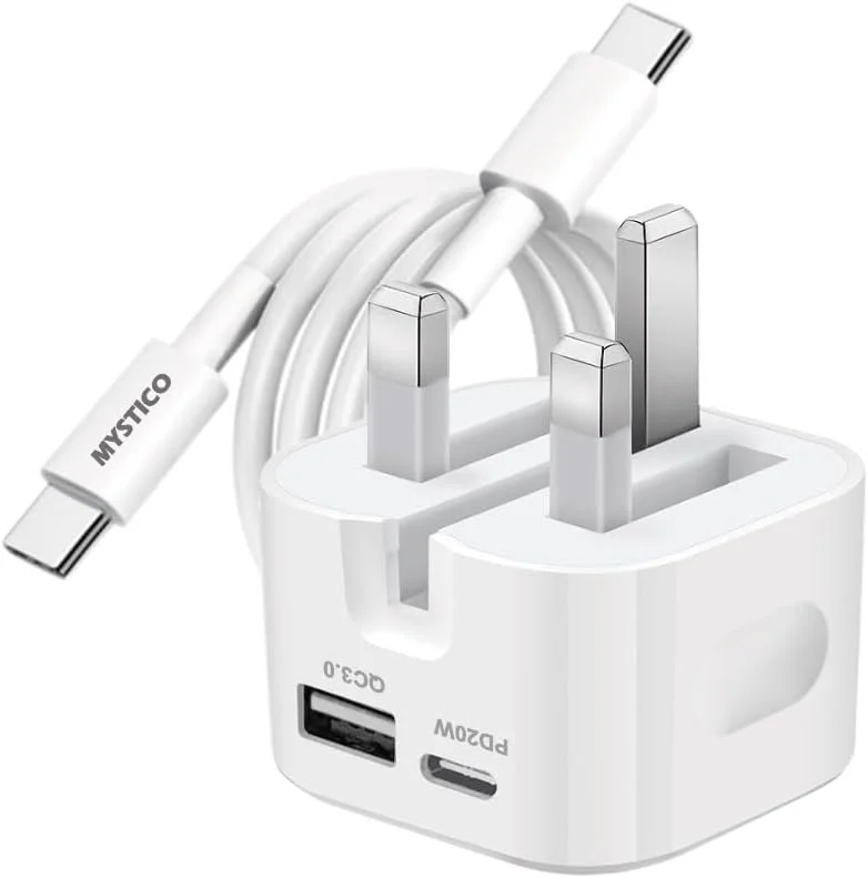شارژر سریع 20 واتی + کابل USB-C ممتاز – دو پورت USB-C و QC3.0 | دوشاخه تاشو UK، آداپتور دیواری PD قابل حمل برای آیفون 15/14/13، سامسونگ و دستگاه های اندرویدی شارژر سریع 20 واتی + کابل USB-C ممتاز – دو پورت USB-C و QC3.0 | دوشاخه تاشو UK، آداپتور دیواری PD قابل حمل برای آیفون 15/14/13، سامسونگ و دستگاه های اندرویدی