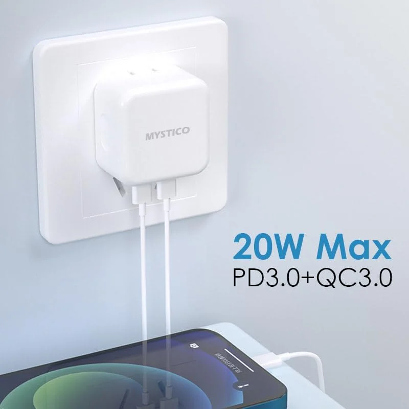 شارژر سریع 20 واتی + کابل USB-C ممتاز – دو پورت USB-C و QC3.0 | دوشاخه تاشو UK، آداپتور دیواری PD قابل حمل برای آیفون 15/14/13، سامسونگ و دستگاه های اندرویدی