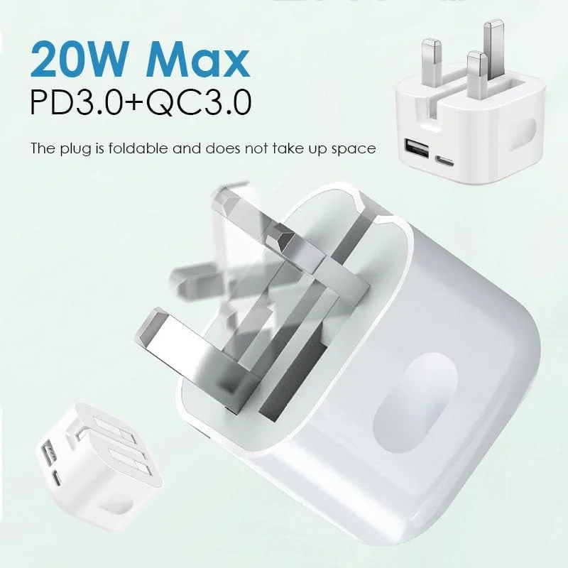 شارژر سریع 20 واتی + کابل USB-C ممتاز – دو پورت USB-C و QC3.0 | دوشاخه تاشو UK، آداپتور دیواری PD قابل حمل برای آیفون 15/14/13، سامسونگ و دستگاه های اندرویدی