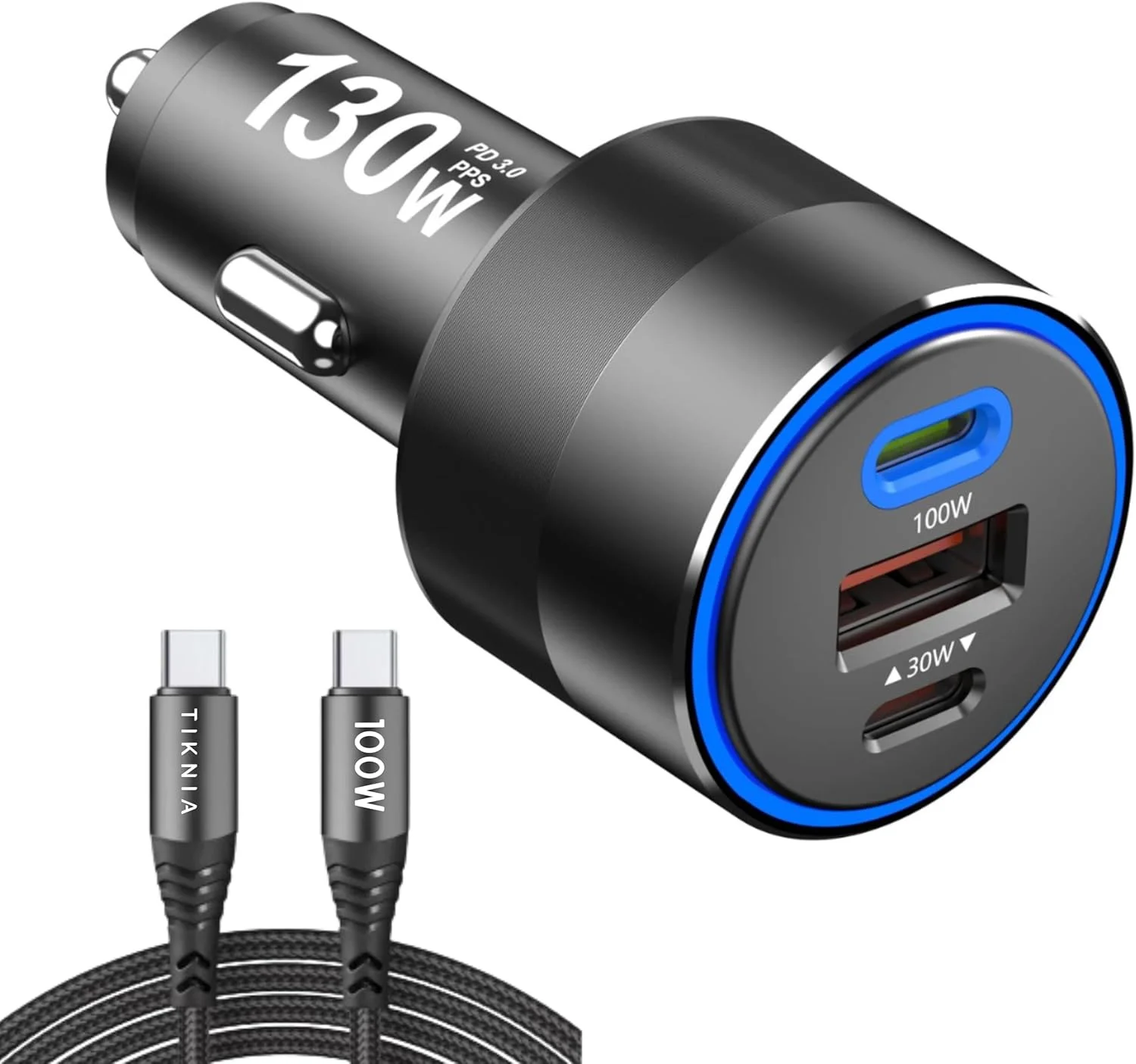 شارژر سریع فندکی خودرو 130 وات USB C، آداپتور برق PPS PD 100W + PD 30W شارژ سریع USB A QC 3.0، سازگار با لپ تاپ، تلفن هوشمند، تبلت، آیپد و غیره