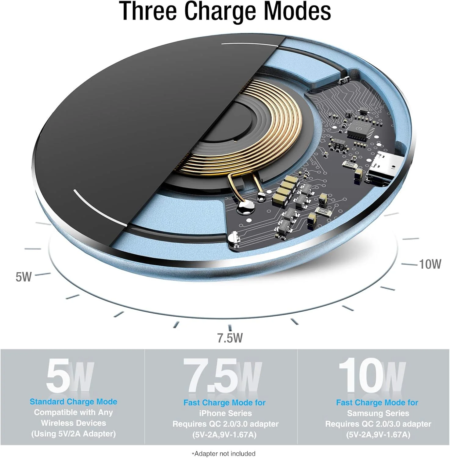 شارژر بی‌سیم TOZO W1، پد شارژ سریع 10 واتی دارای گواهی Qi با فناوری کنترل عددی کامپیوتری آلومینیوم هوانوردی سازگار با سری iPhone 14 13 12، سری Samsung Galaxy (بدون آداپتور AC)