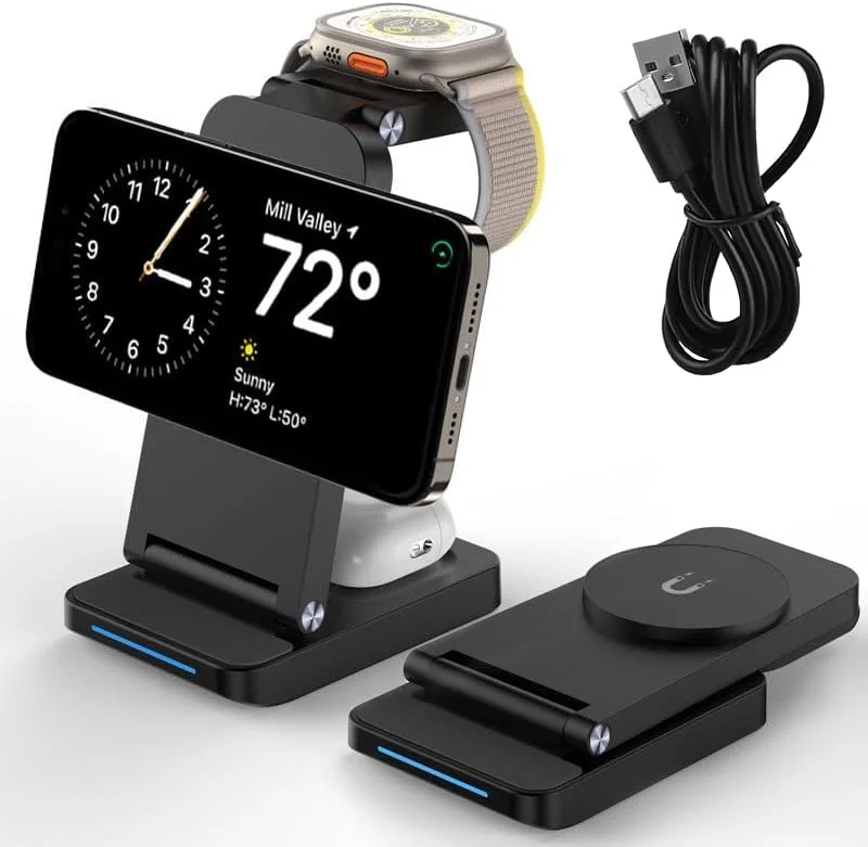 استند شارژ بی‌سیم مغناطیسی 3 در 1 T Tersely برای آیفون 16 15 14 13 12 و اپل واچ، سازگار با MagSafe، پایه شارژ برای دستگاه‌های متعدد، شارژر مسافرتی برای ایرپادز 4 3 پرو (مشکی)