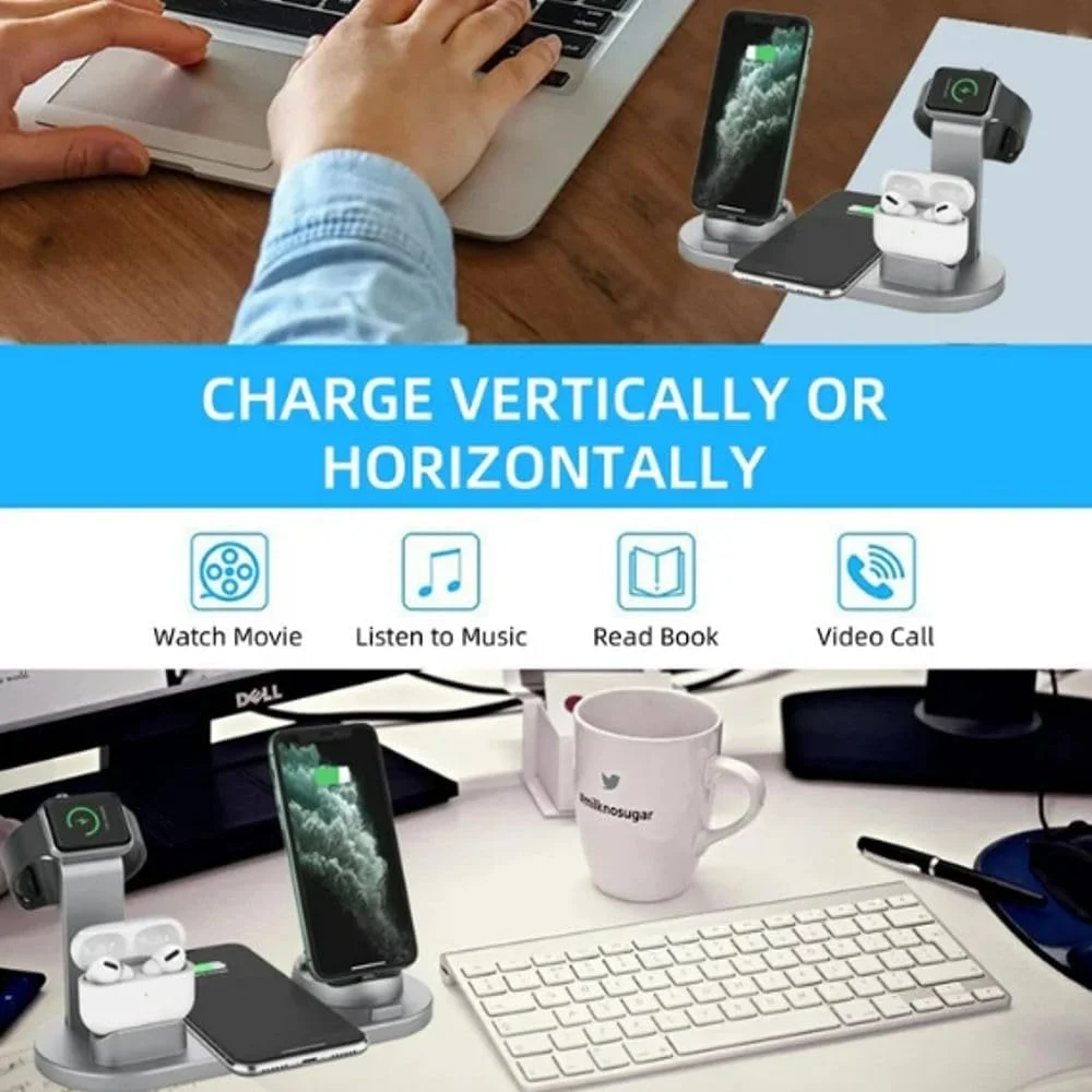 پایه شارژ چند منظوره، داک شارژ چرخشی 6 در 1 سازگار با آیفون/میکرو USB/تلفن Type-C/ ایرپاد/ساعت، شارژ سریع. (نقره ای)