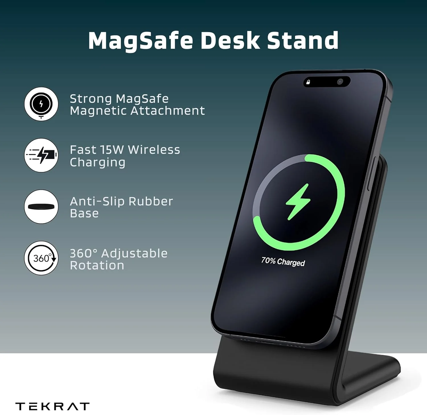 پایه شارژر بی‌سیم سازگار با MagSafe، هم‌ترازی مغناطیسی قوی، شارژ سریع 15 واتی، حالت استندبای iOS 17، برای مدل‌های آیفون 16، 15، 14، 13، 12، پلاس، پرو، مکس، شامل کابل USB-C یک متری