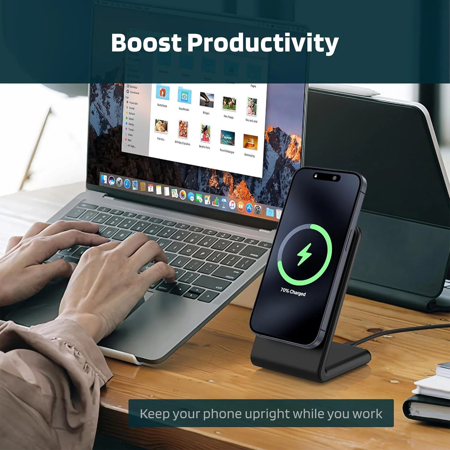 پایه شارژر بی‌سیم سازگار با MagSafe، هم‌ترازی مغناطیسی قوی، شارژ سریع 15 واتی، حالت استندبای iOS 17، برای مدل‌های آیفون 16، 15، 14، 13، 12، پلاس، پرو، مکس، شامل کابل USB-C یک متری