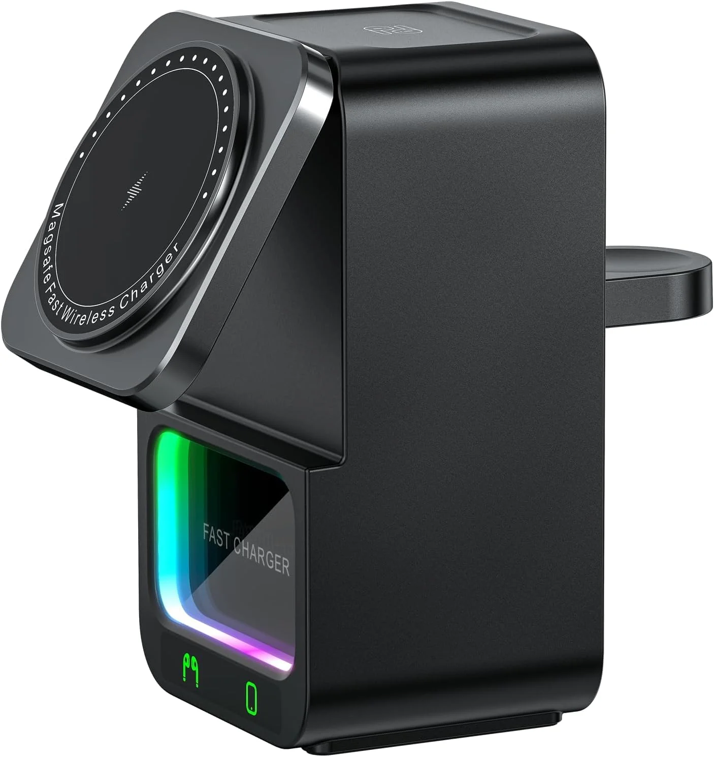 استند شارژ بی‌سیم مغناطیسی 5 در 1 TERRIFI، شارژر تاشو سریع با چراغ شب RGB، بلندگوی بلوتوث، محافظت هوشمند با توان بالا، ایده آل برای مسافرت، دفتر و خانه (مشکی)