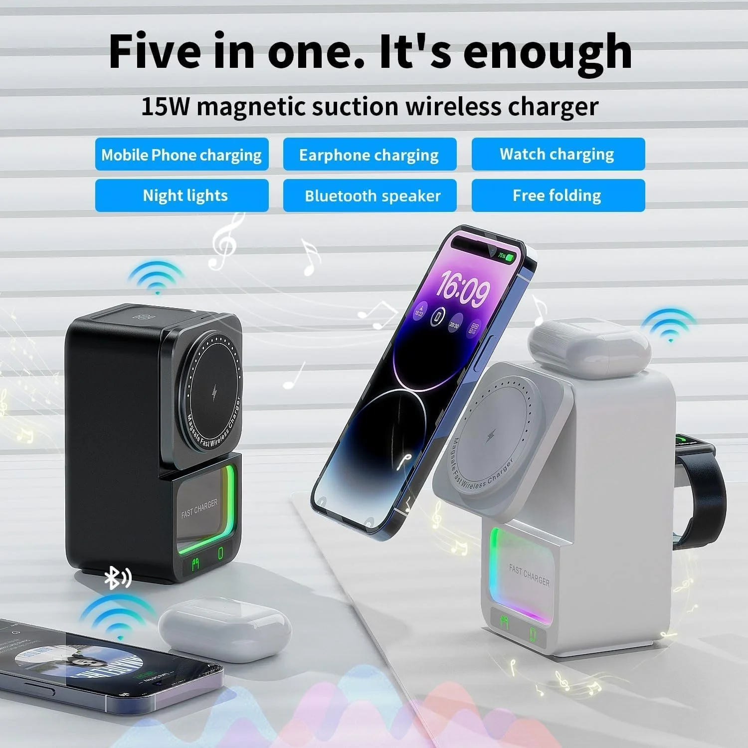 استند شارژ بیسیم مغناطیسی 5 در 1 TERRIFI، شارژر تاشو سریع با چراغ شب RGB، بلندگوی بلوتوث، محافظت هوشمند با توان بالا، ایده آل برای مسافرت، دفتر و خانه (مشکی) استند شارژ بیسیم مغناطیسی 5 در 1 TERRIFI، شارژر تاشو سریع با چراغ شب RGB، بلندگوی بلوتوث، محافظت هوشمند با توان بالا، ایده آل برای مسافرت، دفتر و خانه (مشکی)