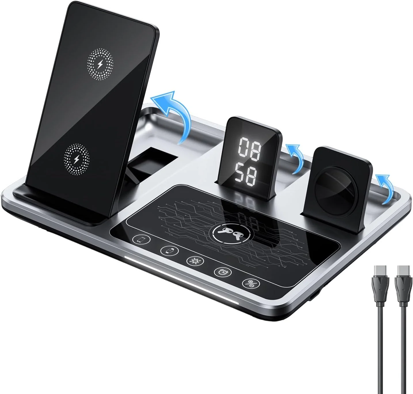 شارژر بی‌سیم سریع اتوماتیک لوکس 3 در 1 T Teclusive سازگار با آیفون، ایرپاد، آی‌واچ با Type C | کنترل لمسی با عملکرد نیرو | ایستگاه شارژ بی‌سیم چندگانه 20 واتی با ساعت