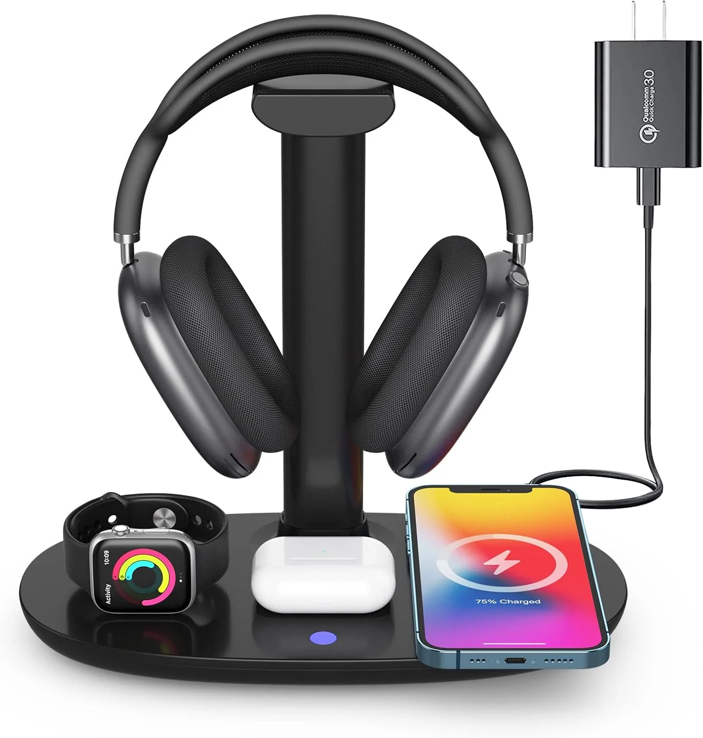 پایه هدفون با شارژر بی‌سیم 15 واتی، استند شارژ 4 در 1 Qi برای AirPods Max/Pro/2 iWatch 8/7/6/5/4/3/2/1/SE iPhone 14/13/12/11/XS/XR/X/8 Series برای میز کامپیوتر و بازی