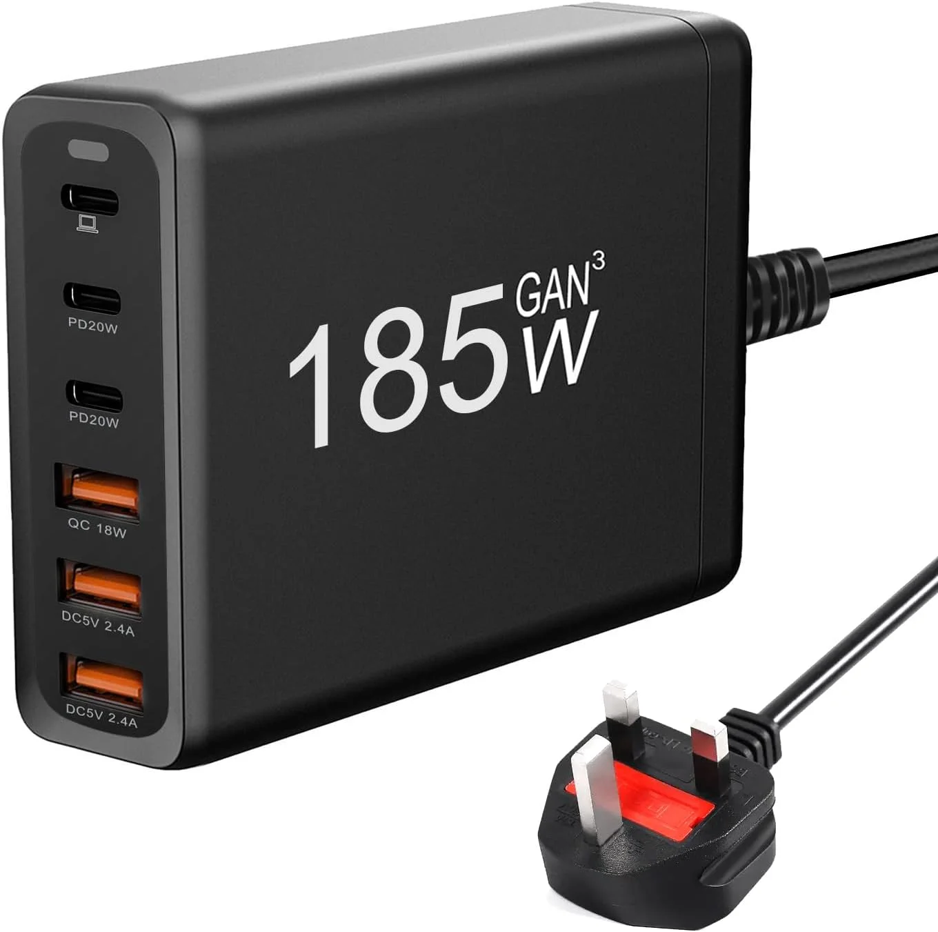 آداپتور شارژر سریع 185 واتی GaN USB C چند منظوره 6 در 1، ایستگاه شارژ رومیزی USB PD QC 3.0 UK Plug برای مک بوک، لپ تاپ، آیفون، آیپد، ساعت هوشمند، تلفن هوشمند، سوییچ و غیره
