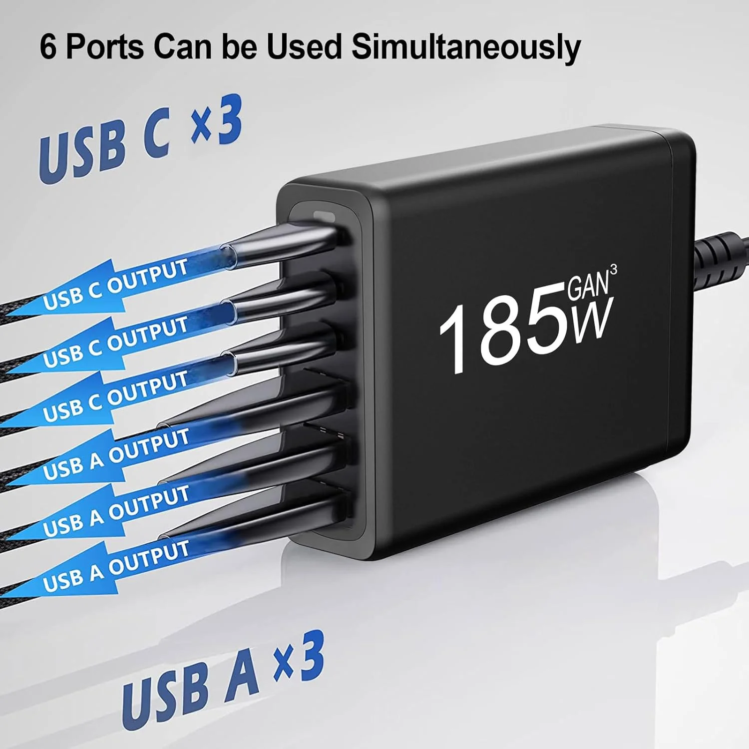 آداپتور شارژر سریع 185 واتی GaN USB C چند منظوره 6 در 1، ایستگاه شارژ رومیزی USB PD QC 3.0 UK Plug برای مک بوک، لپ تاپ، آیفون، آیپد، ساعت هوشمند، تلفن هوشمند، سوییچ و غیره