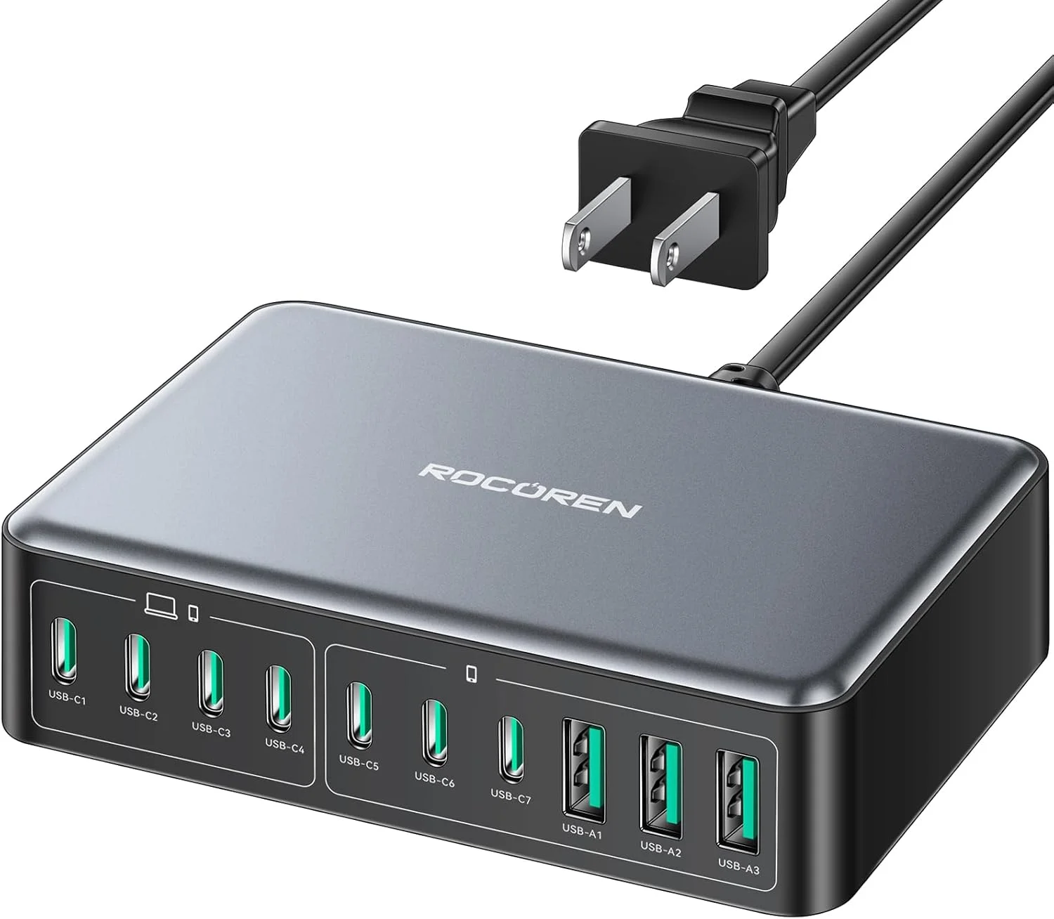 شارژر چندگانه 480 واتی Rocoren GaN USB C، ایستگاه شارژر 10 پورت PD100W QC4.0 PPS 4 لپ‌تاپ با سیم افزایش طول 1.5 متری سازگار با مک‌بوک، اچ‌پی، آیپد، آیفون، سامسونگ گلکسی و لپ‌تاپ‌های USB C بیشتر