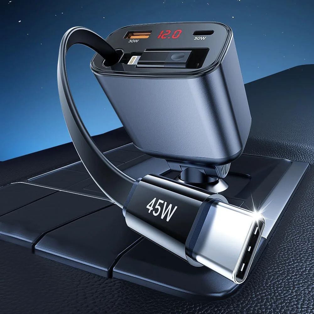 شارژر فندکی جمعشونده 4 در 1 خودرو - طراحی فشرده و سبک با تثبیتکننده ولتاژ، کابل 80 سانتیمتری، سازگاری جهانی برای آیفون 15/14/13/12/11، سامسونگ گلکسی و غیره شارژر فندکی جمعشونده 4 در 1 خودرو - طراحی فشرده و سبک با تثبیتکننده ولتاژ، کابل 80 سانتیمتری، سازگاری جهانی برای آیفون 15/14/13/12/11، سامسونگ گلکسی و غیره