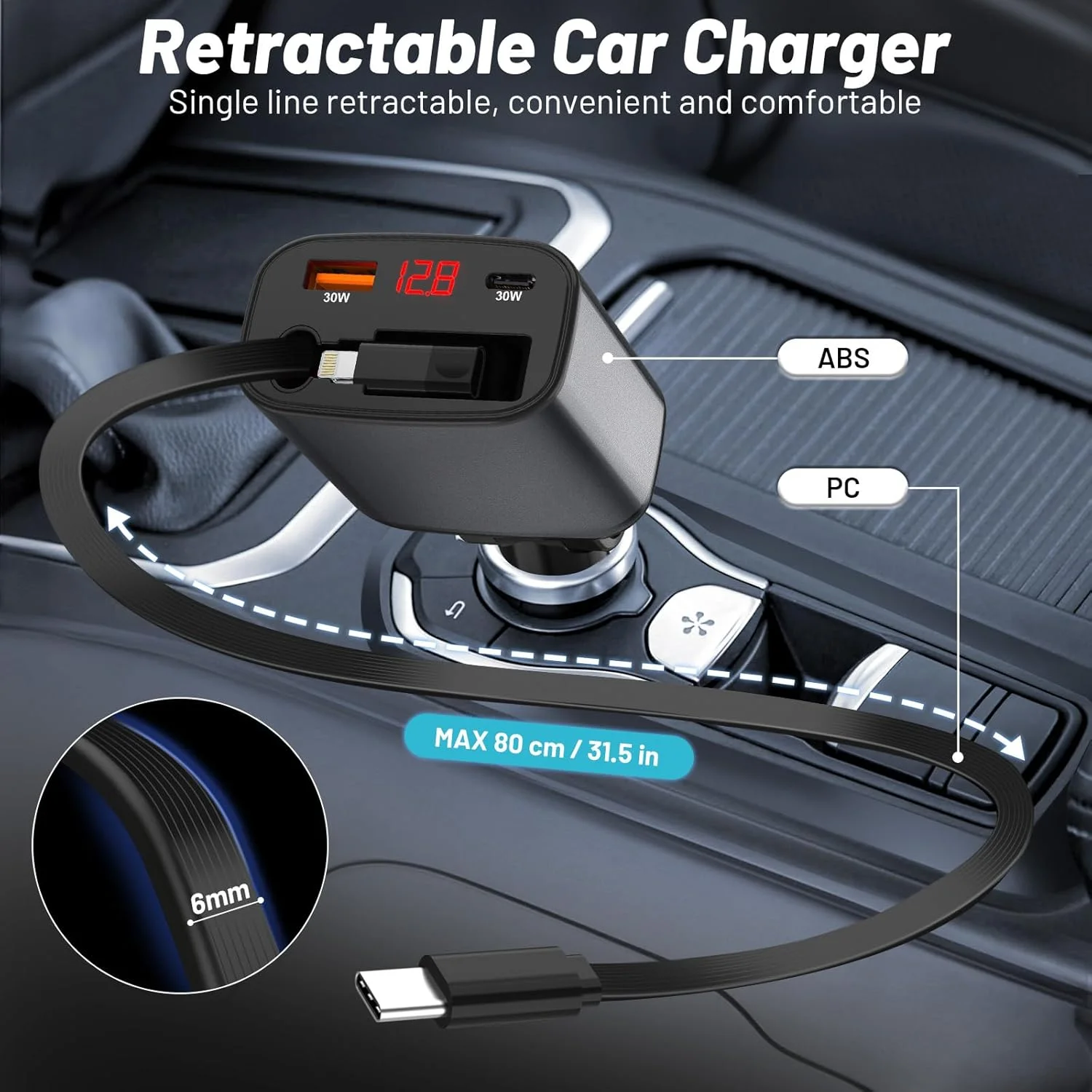 شارژر فندکی جمع‌شونده 4 در 1 خودرو - طراحی فشرده و سبک با تثبیت‌کننده ولتاژ، کابل 80 سانتی‌متری، سازگاری جهانی برای آیفون 15/14/13/12/11، سامسونگ گلکسی و غیره