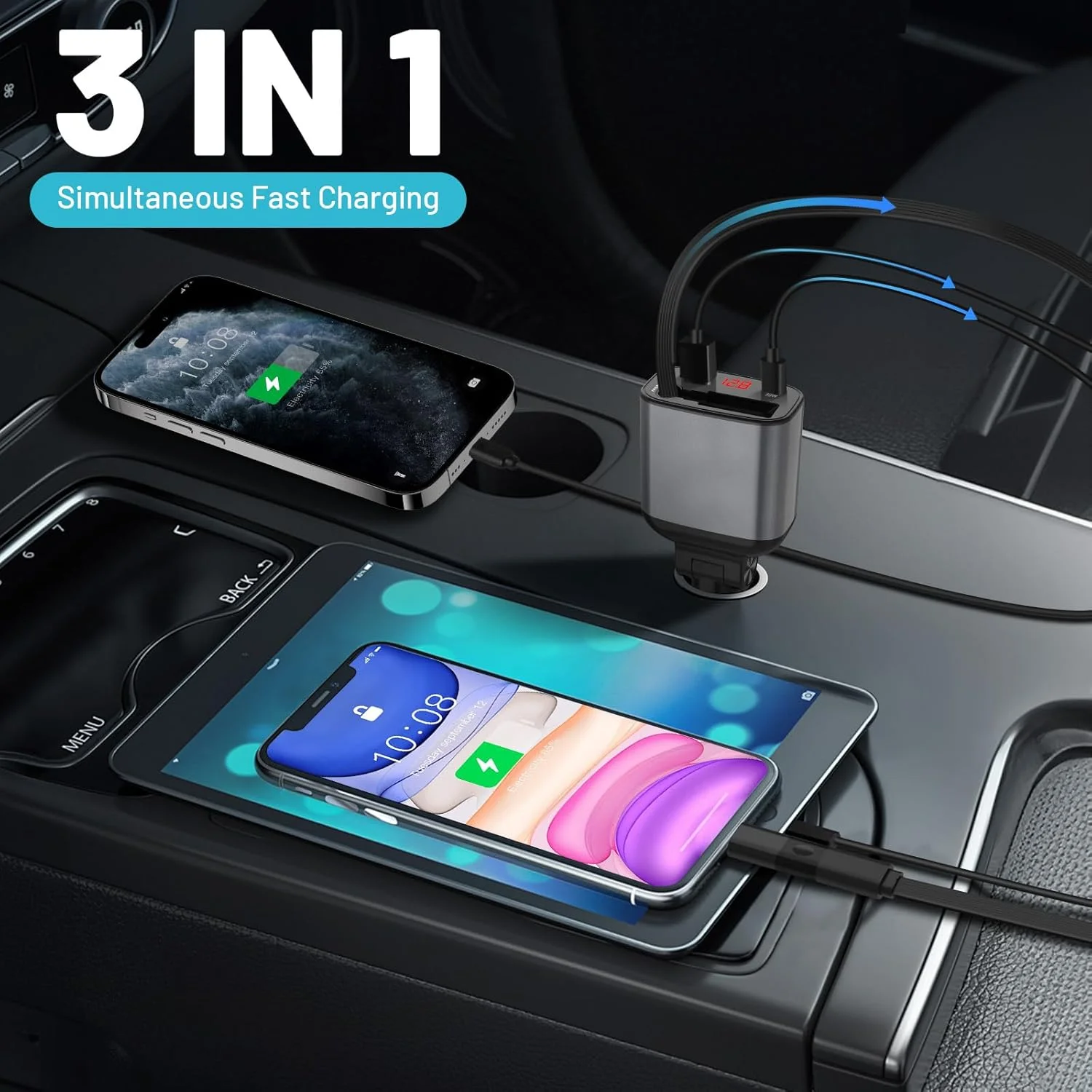 شارژر فندکی جمع‌شونده 4 در 1 خودرو - طراحی فشرده و سبک با تثبیت‌کننده ولتاژ، کابل 80 سانتی‌متری، سازگاری جهانی برای آیفون 15/14/13/12/11، سامسونگ گلکسی و غیره