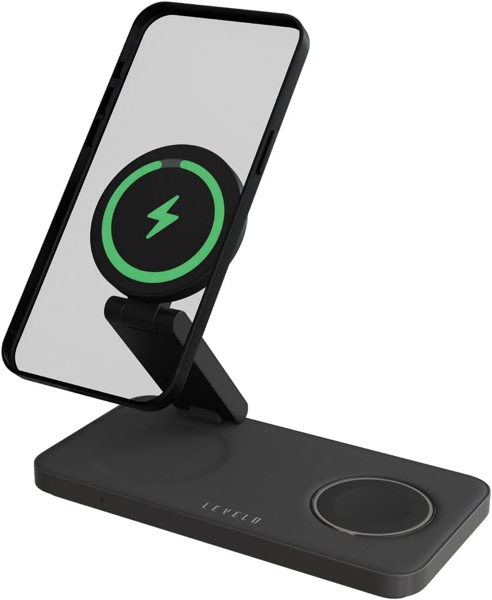 استند شارژر بی‌سیم تاشو 3 در 1 Levelo Quantum، سازگار با پایه شارژر برای آیفون، ساعت و ایرپاد اپل، شارژر مسافرتی جمع و جور با آهنرباهای قوی N52