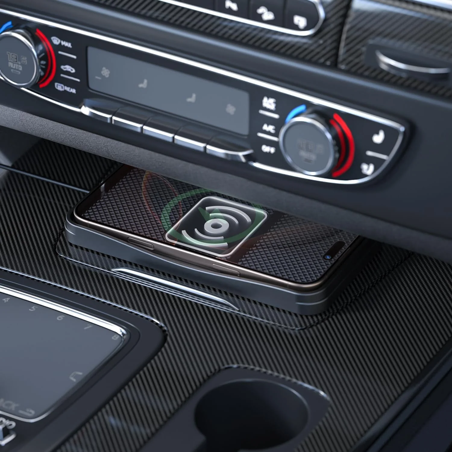 شارژر بی‌سیم سریع 15 واتی خودرو دارای گواهی Qi، پد شارژ بدون لغزش، شارژر تلفن بی‌سیم با تراز خودکار و محافظت در برابر گرمای بیش از حد سازگار با آیفون و سامسونگ گلکسی