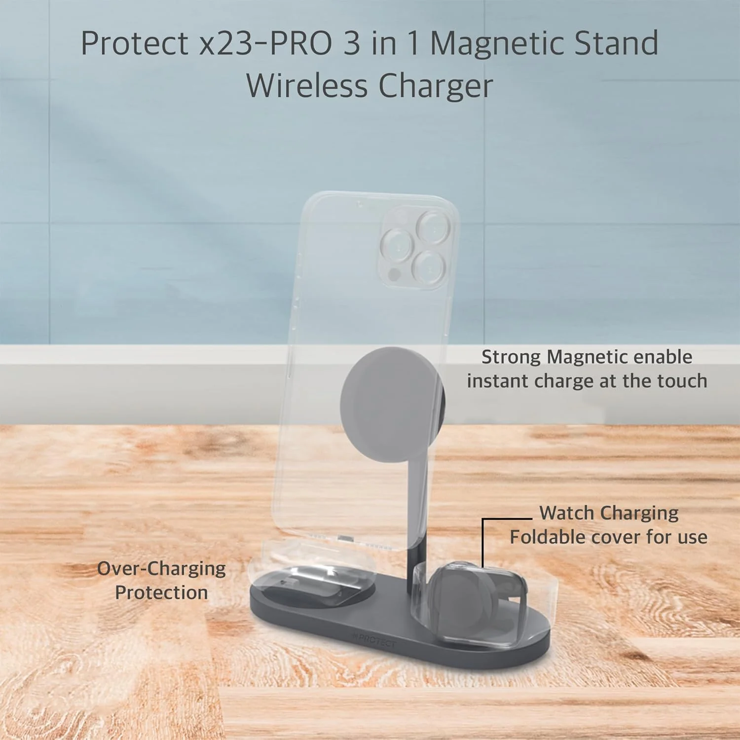 شارژر وایرلس سه کاره Protect X23 Pro - ایستگاه شارژ سریع برای تلفن، ساعت هوشمند و ایربادز - طراحی شیک و قابل تنظیم برای میز کار و کنار تخت