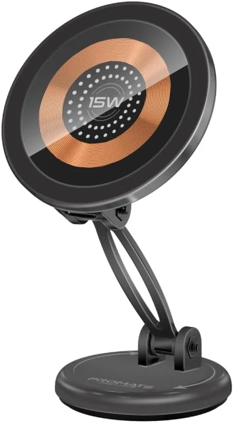 شارژر بی‌سیم مغناطیسی خودرو پرومیت، شارژر شفاف MagSafe فوق سریع با خروجی 15 وات، تنظیم ارتفاع، چرخش 360 درجه و طراحی بدون پایه برای آیفون 17/14، مدل Magnus2-Qi