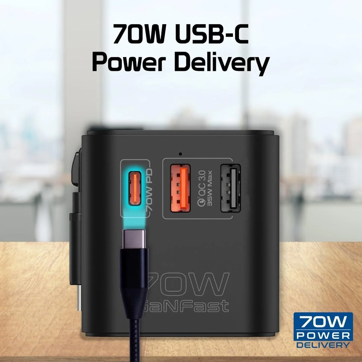 آداپتور مسافرتی پرومیت آیفون 17، آداپتور برق جهانی با پریز برق 1840 وات، درگاه USB-C با توان 20 وات، درگاه USB-C با توان 15 وات، 3 درگاه USB، مدل TRIPMATE-GAN70R