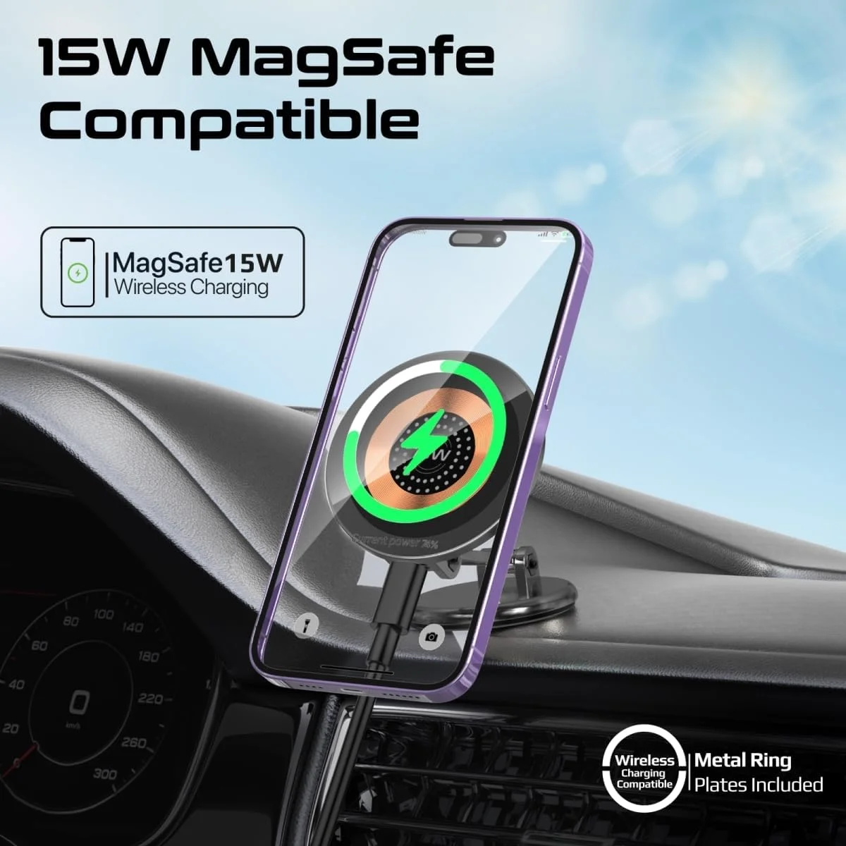 شارژر بی‌سیم مغناطیسی خودرو پرومیت، شارژر شفاف MagSafe فوق سریع با خروجی 15 وات، تنظیم ارتفاع، چرخش 360 درجه و طراحی بدون پایه برای آیفون 17/14، مدل Magnus2-Qi