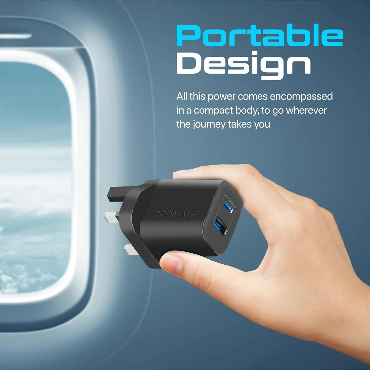 آداپتور USB-C پرومیت مدل BiPlug-2، شارژر دیواری یونیورسال 17 واتی چند پورت با پورت Type-C 5V/3A، پورت USB-A 5V/2.4A، شارژ تطبیقی و محافظت در برابر شارژ بیش از حد برای آیفون 13، آیپد ایر، دوشاخه انگلستان (مشکی)