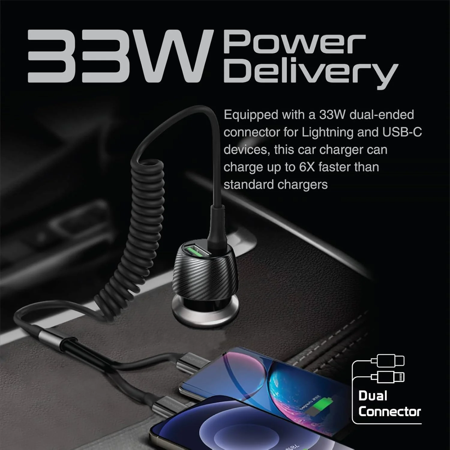شارژر فندکی خودرو پرومیت با کابل، شارژر DC یونیورسال 33 واتی با قابلیت Power Delivery با اسپلیتر 2 در 1 داخلی USB-C، کابل فنری شارژ لایتنینگ و پورت USB QC 3.0 برای آیفون 17 و اندروید PowerDrive-33DCI