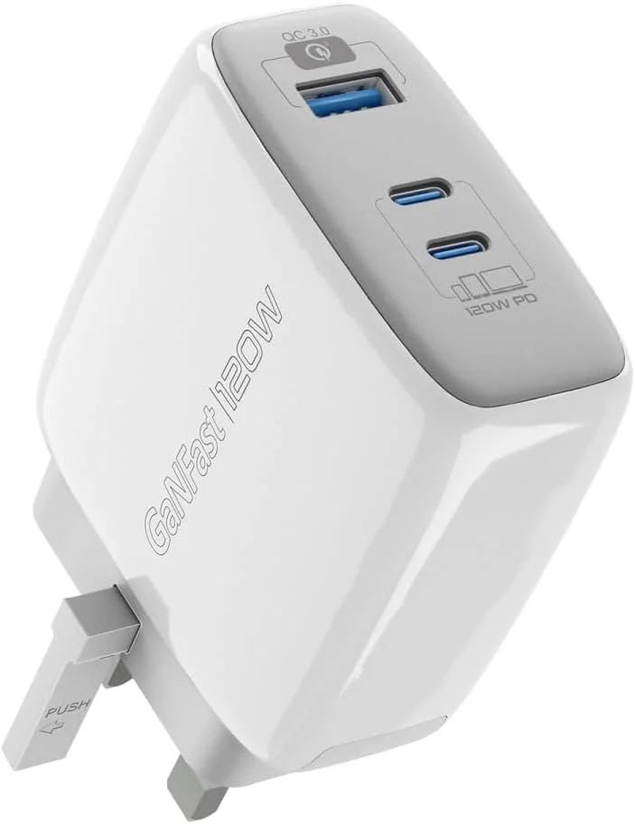 شارژر دیواری Promate GaN USB-C، شارژر دیواری فوق فشرده 120 واتی USB-C Power Delivery، دارای دو پورت Type-C، پورت 18 واتی QC 3.0، شارژ هوشمند تطبیقی، محافظت در برابر اتصال کوتاه برای iPhone 16، مدل POWERPORT-120.UK-WT