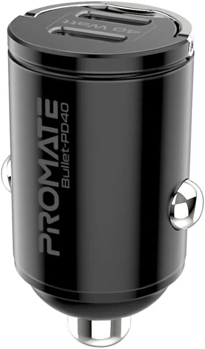 شارژر فندکی USB-C پرومیت، آداپتور بسیار جمع و جور با توان 40 وات با دو پورت USB-C، دسته کوچک داخلی، آلیاژ آلومینیوم و محافظت در برابر اتصال کوتاه برای آیفون 14، گلکسی S22، Bullet-PD40