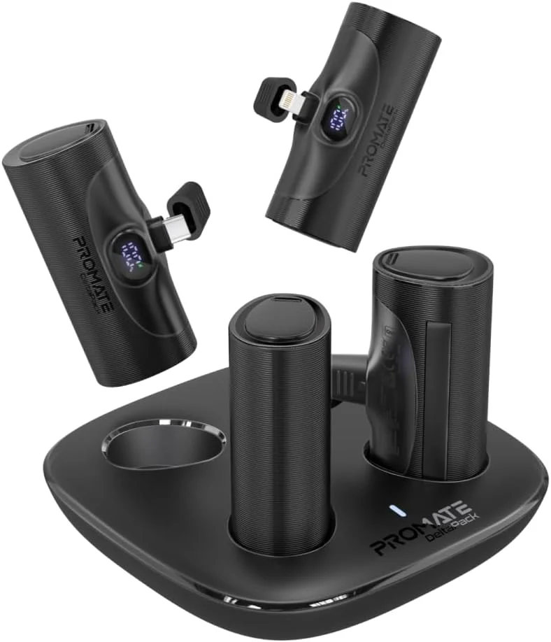 کیت پاوربانک 4 عددی Promate مدل DELTAPACK، شارژرهای فوق فشرده 5000 میلی آمپر ساعتی، کانکتورهای USB-C و Lightning PD، صفحه نمایش LED، بدون کابل، پایه تاشو، سیستم های ایمنی چندگانه برای آیفون 17، گلکسی S25