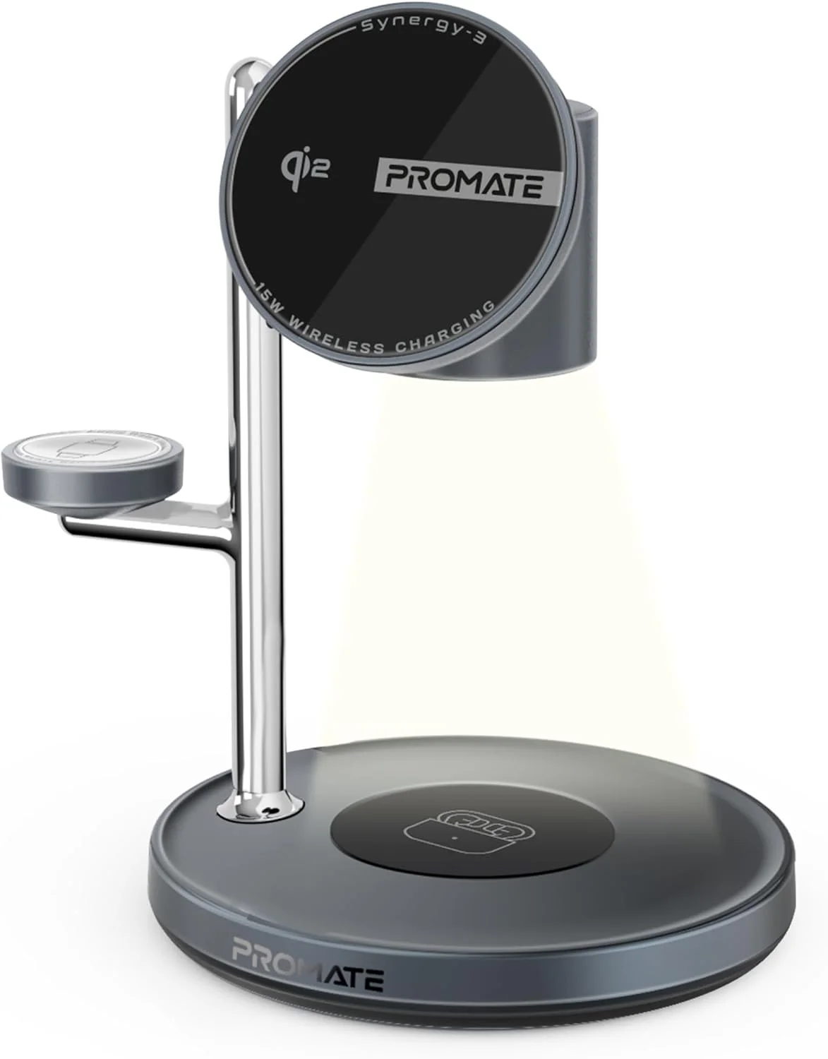 استند شارژ بی‌سیم 4 در 1 Promate Synergy-3 Qi2 دارای گواهی MagSafe، شارژ 15 واتی برای آیفون 12 تا 16، ساعت اپل/سامسونگ، ایرپادز، دارای چراغ خواب، حلقه مغناطیسی، آلیاژ روی، توان خروجی کلی 25.5 وات