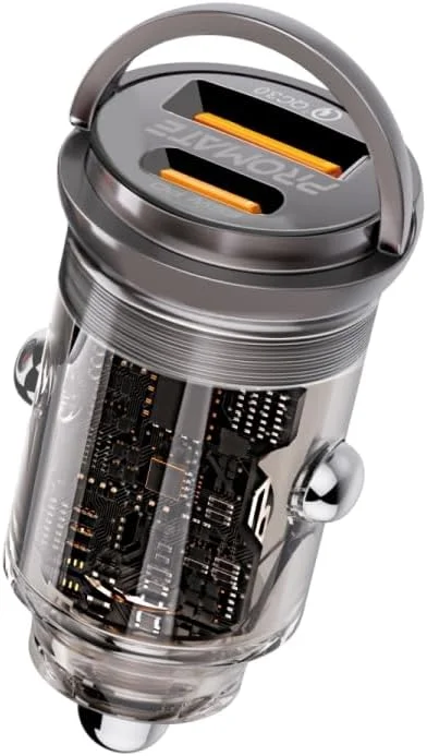 شارژر فندکی خودرو پرومیت، آداپتور خودرو فوق فشرده شفاف 65 واتی با درگاه USB Type-C Power Delivery، درگاه USB-A، دسته کوچک و محافظت در برابر حرارت سازگار با آیفون 17، گلکسی 23، TransDrive-65W