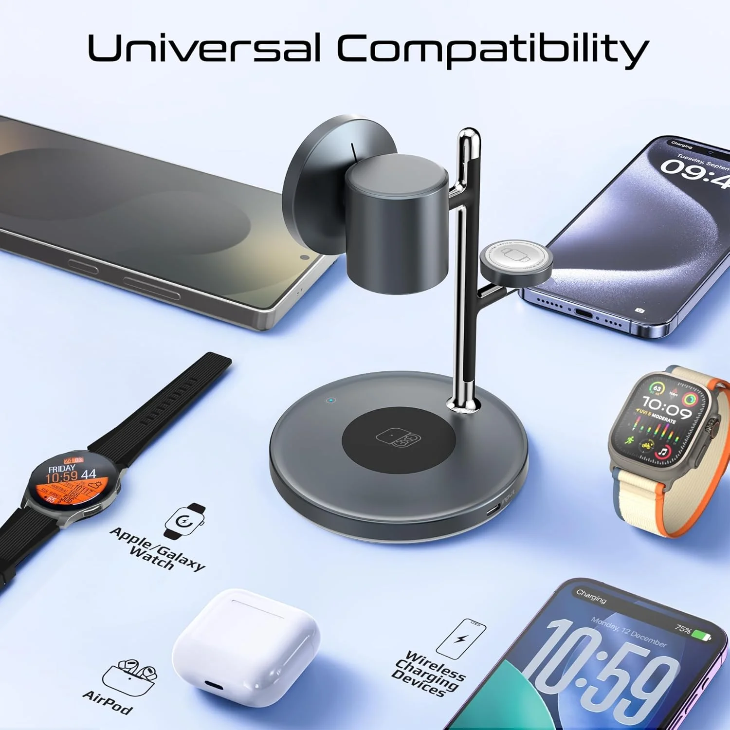 استند شارژ بی‌سیم 4 در 1 Promate Synergy-3 Qi2 دارای گواهی MagSafe، شارژ 15 واتی برای آیفون 12 تا 16، ساعت اپل/سامسونگ، ایرپادز، دارای چراغ خواب، حلقه مغناطیسی، آلیاژ روی، توان خروجی کلی 25.5 وات