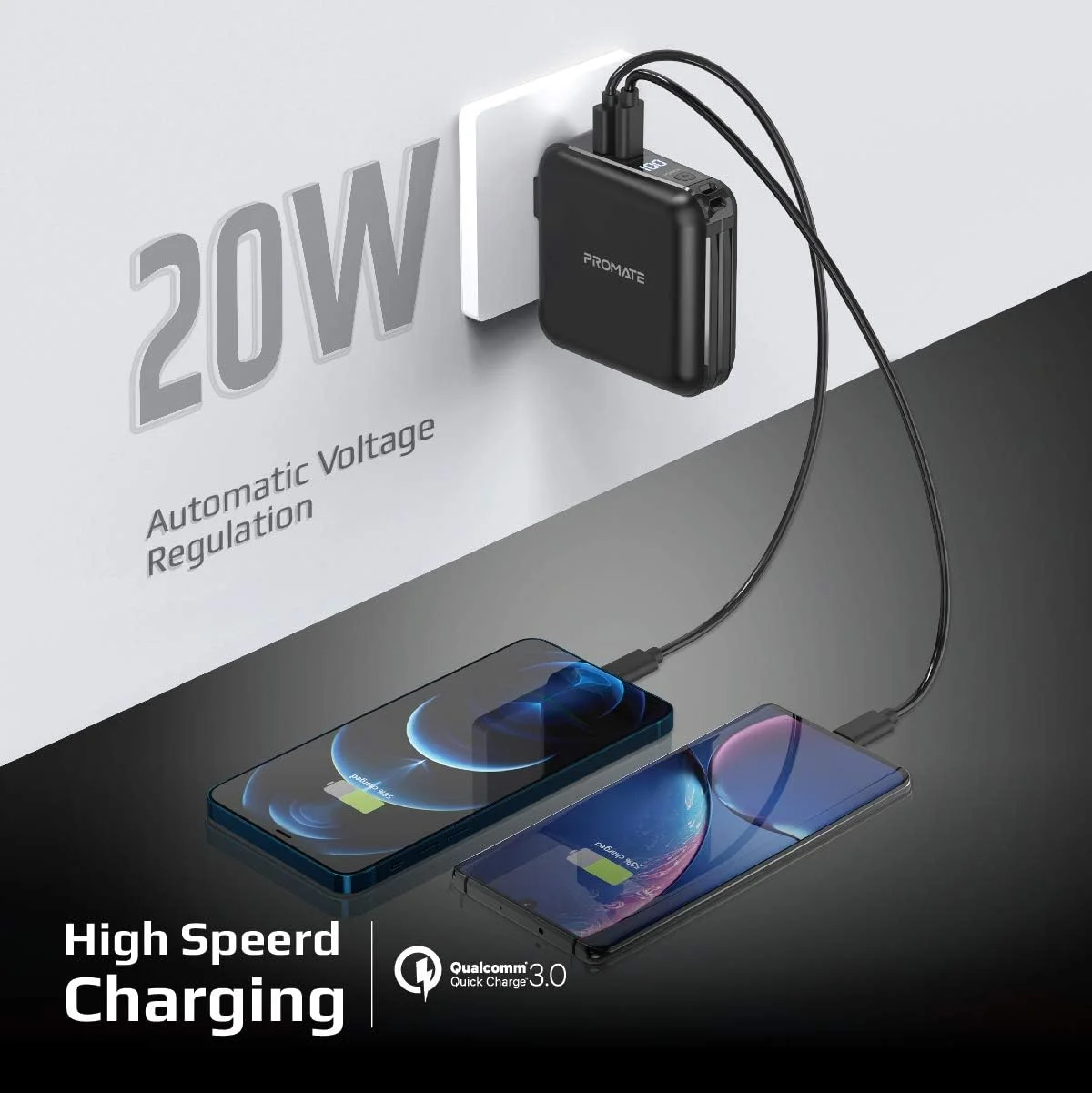 شارژر همراه پرومیت، پاوربانک 2 در 1 با ظرفیت 15000 میلی آمپر ساعت به همراه دوشاخه AC چند منطقه ای، درگاه 20 واتی USB-C PD (ورودی/خروجی)، درگاه QC 3.0 و کابل USB-C/لایتنینگ برای آیفون 12، آیپد پرو، گلکسی S21، مدل PowerPack-PD20