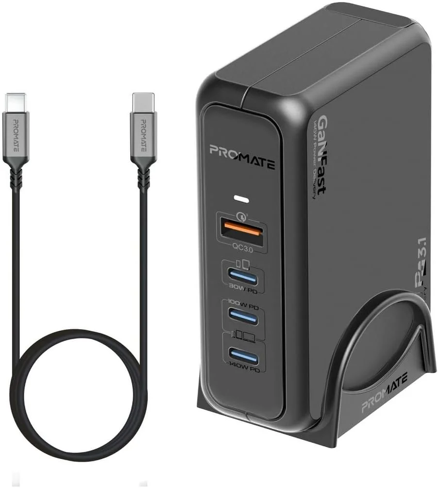 شارژر لپ‌تاپ پرومیت با پورت USB QC 3.0، 140 وات، پورت‌های USB-C 3.1 PD 100 وات و 30 وات، GaNPort-140W