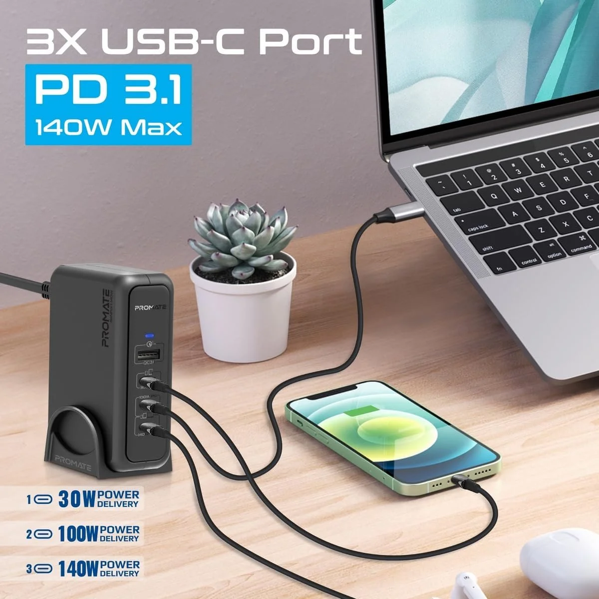 شارژر لپ‌تاپ پرومیت با پورت USB QC 3.0، 140 وات، پورت‌های USB-C 3.1 PD 100 وات و 30 وات، GaNPort-140W