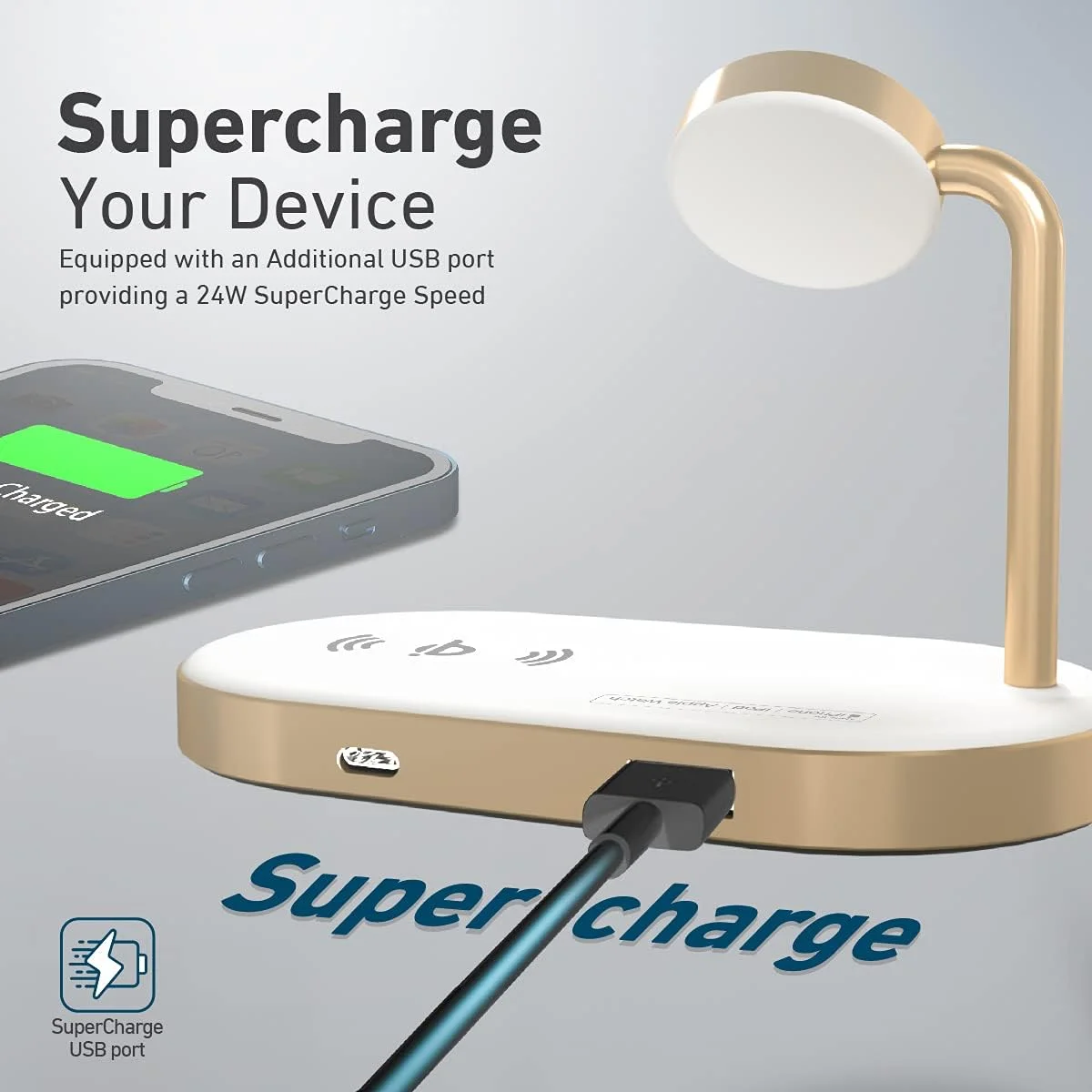 پایه شارژر بی‌سیم آلومینیومی Promate، ایستگاه شارژ چند دستگاهی با پد شارژ سریع 15 واتی دارای گواهی Qi، پورت USB سوپرشارژ 24 واتی و شارژر ساعت اپل 5 واتی دارای گواهی MFi، WavePower