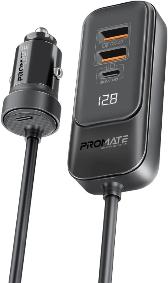 شارژر فندکی خودرو پرومیت مدل GearHub-120W، شارژر DC ممتاز 120 واتی با هاب شارژ سریع توسعه یافته، دارای دو پورت USB-C Power Delivery، پورت های USB-A و کابل 1.5 متری سازگار برای آیفون 16، آیپد