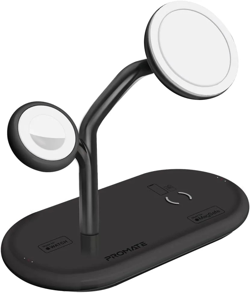 پایه شارژ مغناطیسی آیفون 15 پرومیت با شارژر 5 واتی دارای گواهی MFi اپل واچ، استند 15 واتی، پورت 24 واتی USB-C Power Delivery و پد شارژ 5/10 واتی Qi برای ایرپادز پرو، آیپد ایر، Synergy Black