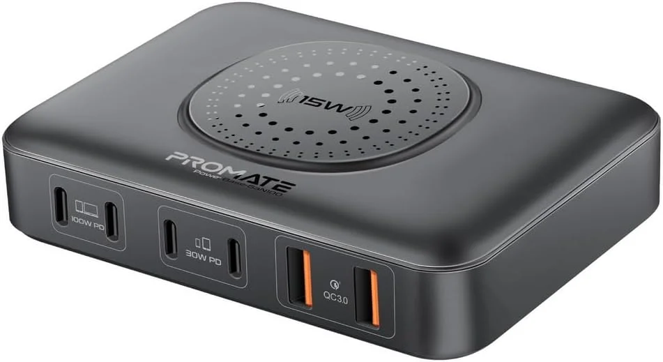 ایستگاه شارژ پرومیت آیفون 15، شارژر لپ‌تاپ 7 در 1 GaNFast 100W، دارای 4 پورت USB-C با قابلیت Power Delivery، دو پورت QC 3.0 با توان 30W، شارژر بی‌سیم 15W، شارژ تطبیقی برای مک‌بوک، PowerBase-GaN100