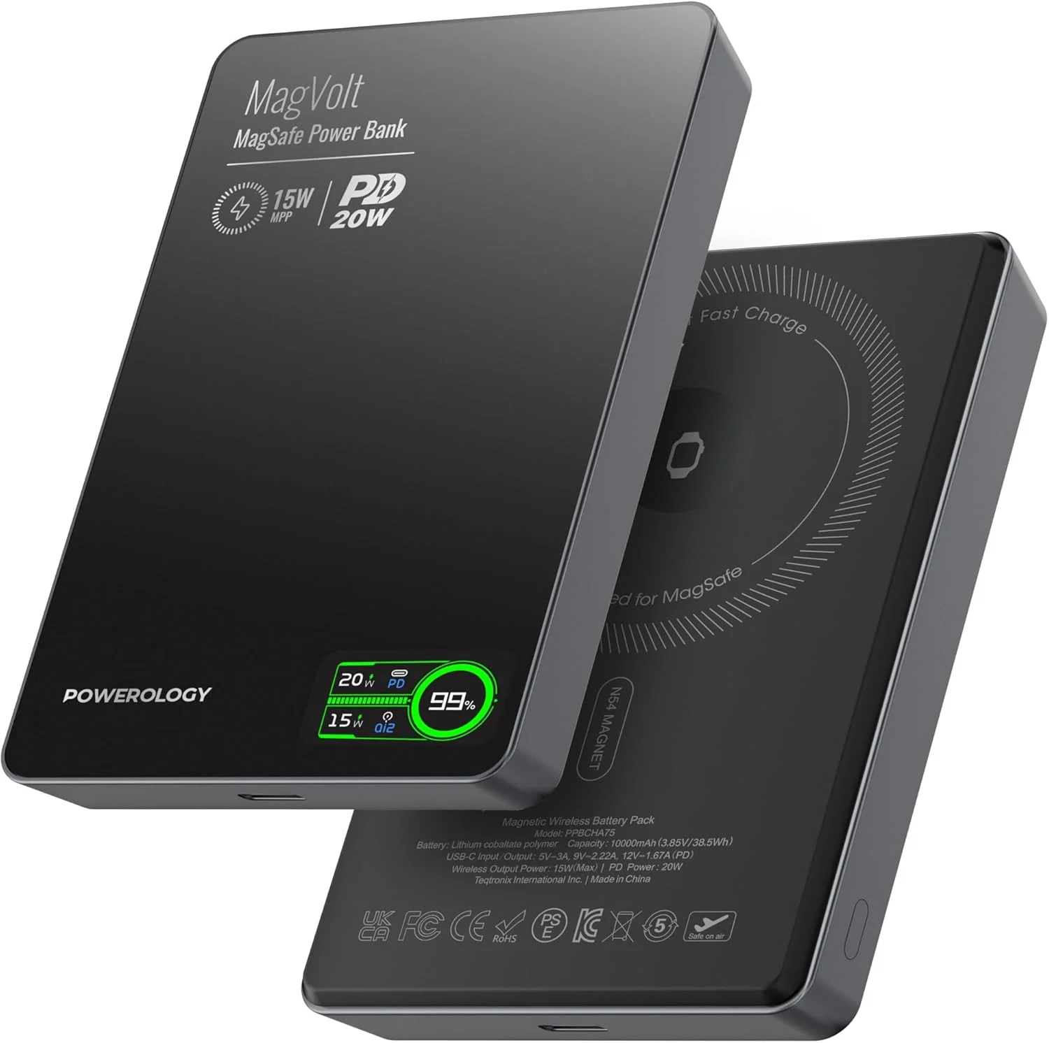 پاوربانک مغناطیسی پاورولوجی 10000 میلی آمپر ساعت، PD 20W USB-C، شارژر بی‌سیم 15W سازگار با MagSafe، نمایشگر TFT، کابل شارژ آویز، بسته باتری شارژر برای سری آیفون 12-17، سامسونگ