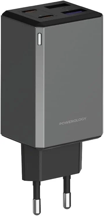 شارژر 65 واتی USB-C پاورولوژی، شارژ سریع چند دستگاهی 4 پورت، شارژر GaN، شارژ لپ تاپ، شارژ سریع دیواری برای مک بوک، لپ تاپ، آیفون 17، 16، S25، 24، ساعت های هوشمند (دوشاخه EU)
