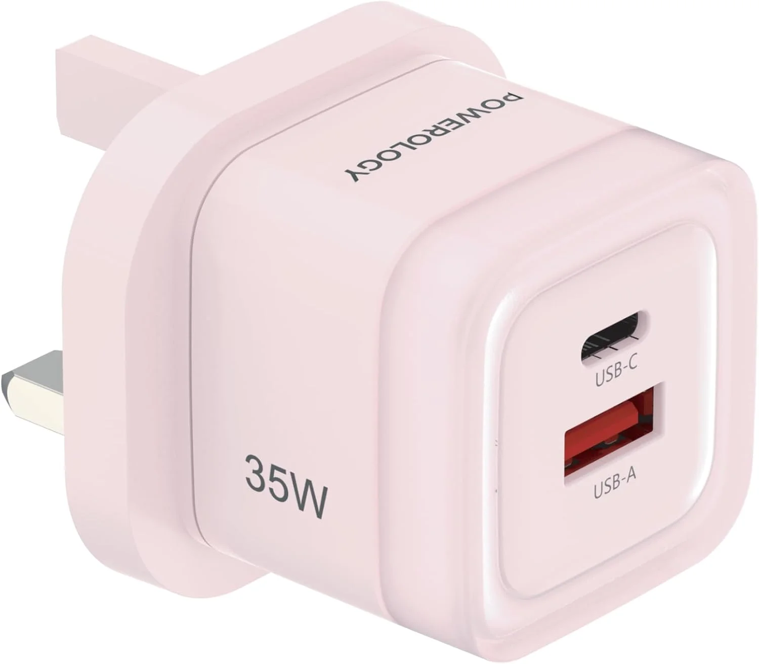 شارژر دیواری پاورولوژی Lunex 35W، دو پورت، شارژ سریع، آداپتور USB-C و USB-A، برای تلفن های هوشمند، پاور بانک، سازگار با iPhone 17/16/15/14/13، S25/S24/S23 (صورتی)