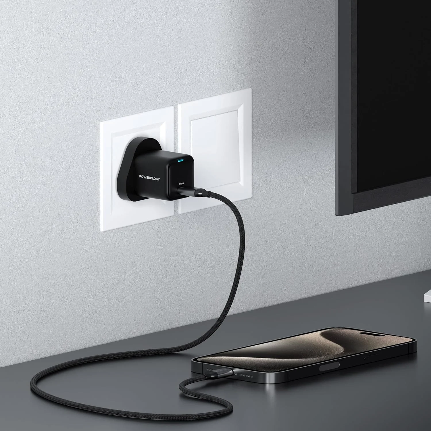 شارژر دیواری فوق فشرده پاورولوژی PD 20W، فناوری GaN، درگاه USB-C، شارژ سریع، محافظت داخلی، سازگار با آیفون 17/16/15، S24/S23، شیائومی (شامل کابل Type-C به Type-C)