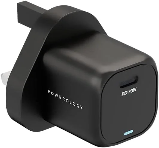 شارژر 33 واتی Powerology GaN PD با محافظ های داخلی، سازگار با iPhone 14 Pro Max /14/13 Pro Max / 12 Pro Max، Galaxy S22 Ultra S21 S20 و غیره - مشکی