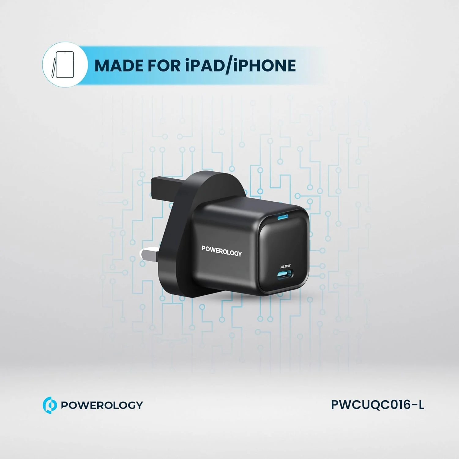 شارژر دیواری فوق فشرده پاورولوژی PD 20W، فناوری GaN، درگاه USB-C، شارژ سریع، محافظت داخلی، سازگار با آیفون 17/16/15، S24/S23، شیائومی (شامل کابل Type-C به Type-C)