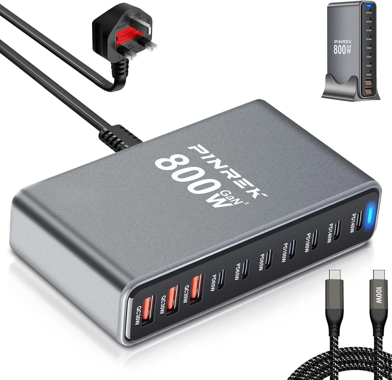 هاب شارژر USB C پینرک 800W، ایستگاه شارژ سریع 10 پورت GaN III با PD3.1 تایپ C 140W، کابل USB-C 100W، آداپتور چند راهی برق برای مک بوک پرو، آیپد، آیفون، لپ تاپ