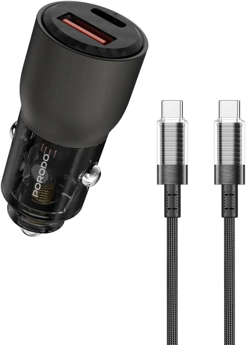 شارژر فندکی شفاف 95 واتی پرودو، PD 65W و QC 30W، دو پورت (USB-C + USB-A)، شارژ سریع همزمان، سازگار با مک بوک ایر/پرو، آیفون 12 تا 17 (همراه با کابل Type-C به Type-C)