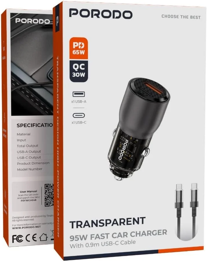 شارژر فندکی شفاف 95 واتی پرودو، PD 65W و QC 30W، دو پورت (USB-C + USB-A)، شارژ سریع همزمان، سازگار با مک بوک ایر/پرو، آیفون 12 تا 17 (همراه با کابل Type-C به Type-C) شارژر فندکی شفاف 95 واتی پرودو، PD 65W و QC 30W، دو پورت (USB-C + USB-A)، شارژ سریع همزمان، سازگار با مک بوک ایر/پرو، آیفون 12 تا 17 (همراه با کابل Type-C به Type-C)